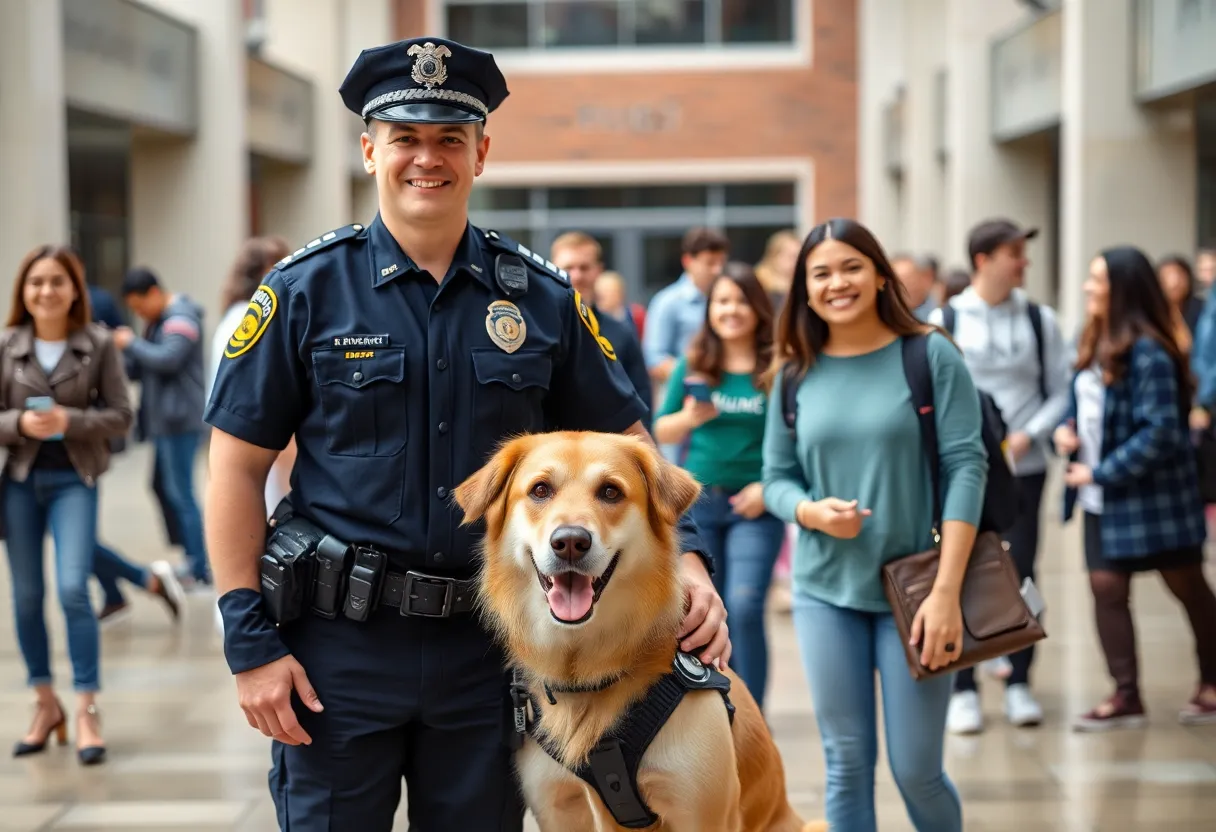 A police officer with a therapy dog at Texas State University