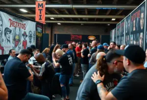 Vibrant scene from Texas Tattoo Art Revival with artists and tattoo enthusiasts