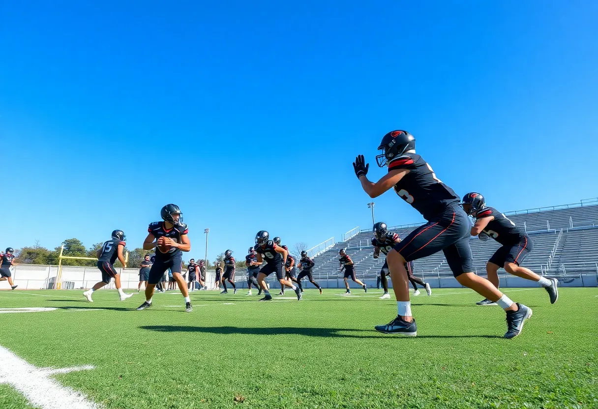 Texas Tech football players in a defensive practice drill