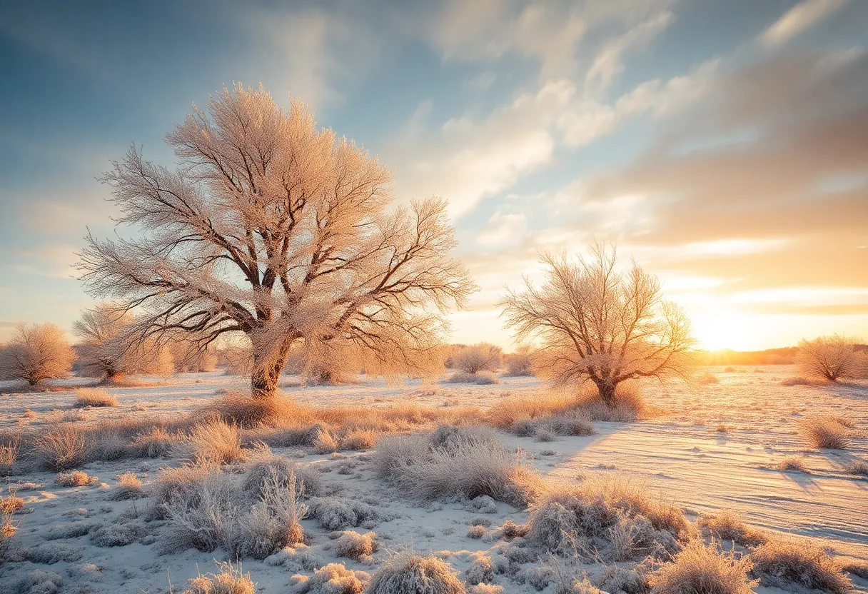 Frozen landscape of Texas with icy trees and a winter vibe