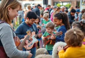Families enjoying Tío Tóto's music event at Cherrywood Coffeehouse with children exploring instruments.