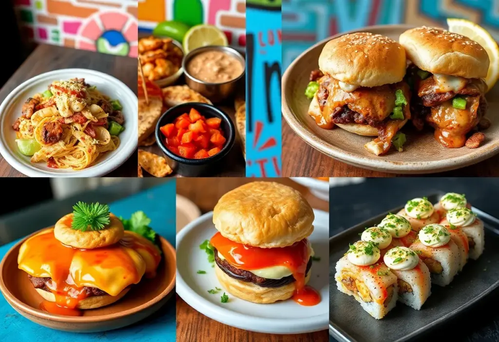 A variety of dishes from top Austin restaurants including Mexican, Southern, biscuit sandwiches, and sushi.