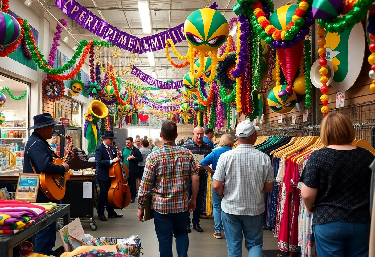 Colorful Mardi Gras decorations at Top Drawer Thrift Store