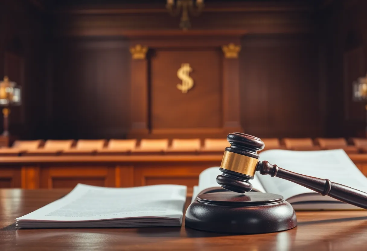 Courtroom with legal documents representing Trump's lawsuit against JPMorgan Chase