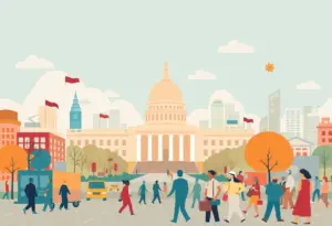 An abstract representation of Trump's second term policies impacting communities.