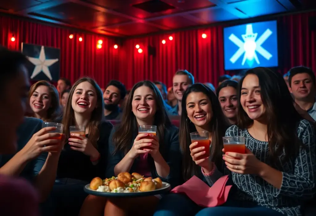 Fans enjoying a Twilight Saga Movie Party at Alamo Drafthouse Cinema with themed props.
