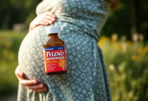 Pregnant woman holding Tylenol bottle