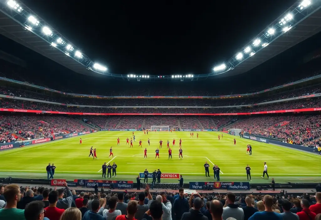 Football stadium during a UEFA Europa League match with teams on the pitch