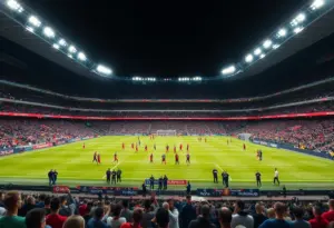 Football stadium during a UEFA Europa League match with teams on the pitch