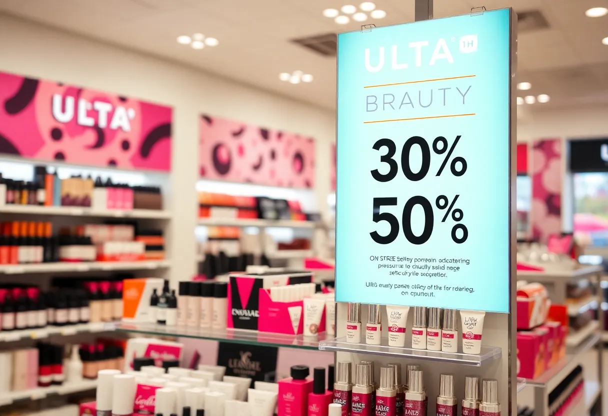 Ulta Beauty store display featuring cosmetic promotions