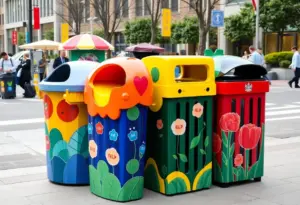 A variety of uniquely designed garbage bins in urban settings