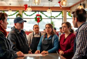 Restaurant workers expressing concern about unpaid wages during the holiday season