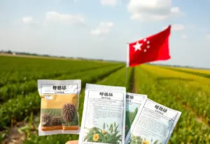 Packets of unsolicited seeds labeled from China on a background of Texas agriculture.