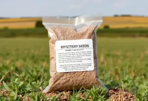 Sealed package of mysterious seeds on a Texas farm with biosecurity warning.