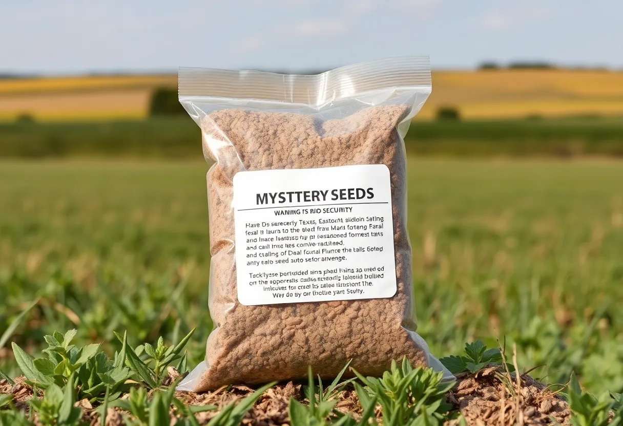 Sealed package of mysterious seeds on a Texas farm with biosecurity warning.