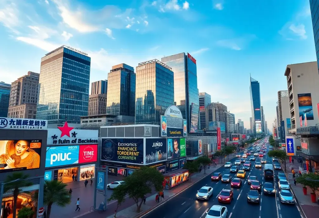 Urban landscape symbolizing economic growth with busy streets and modern businesses.