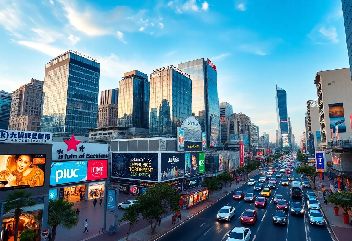 Urban landscape symbolizing economic growth with busy streets and modern businesses.