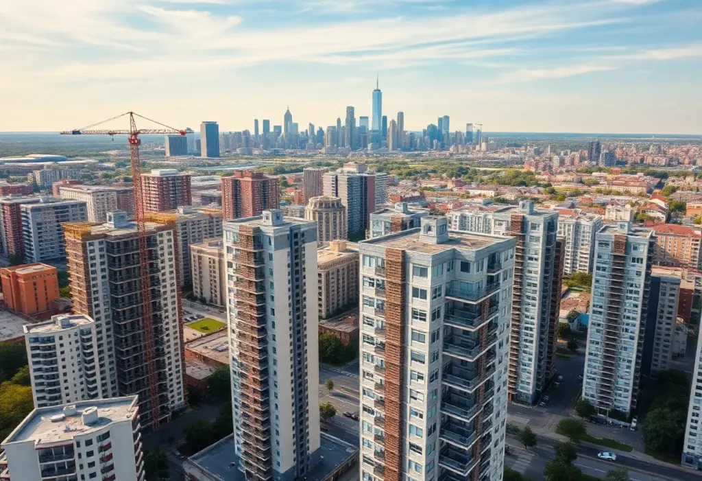 Aerial view of a city showcasing new apartment constructions amidst urban development.