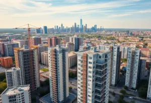 Aerial view of a city showcasing new apartment constructions amidst urban development.