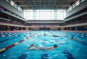 Athletes competing in the USA Swimming Pro Swim Series at an aquatic center