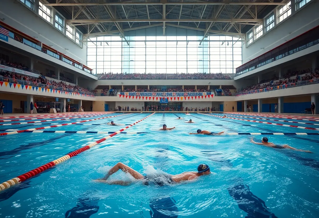 Athletes competing in the USA Swimming Pro Swim Series at an aquatic center
