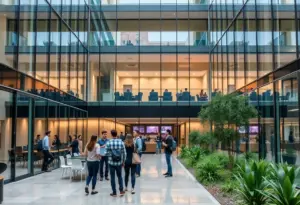 Exterior view of the University of Texas at Houston building with students interacting.