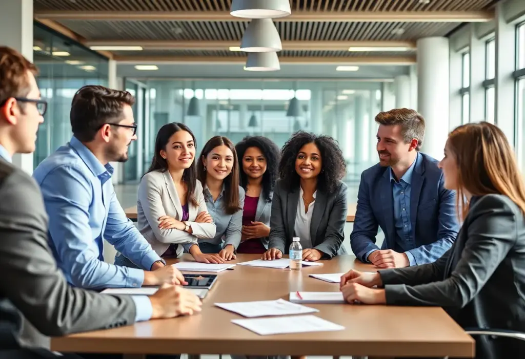Professionals discussing leadership strategies at UTSA