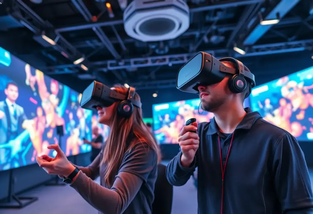 Users enjoying immersive virtual reality gaming with the Omni treadmill.