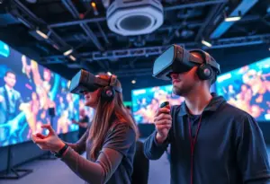 Users enjoying immersive virtual reality gaming with the Omni treadmill.