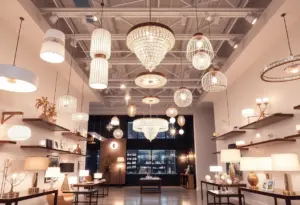 Interior view of the new Visual Comfort & Co. showroom showcasing designer lighting products in San Antonio, Texas.