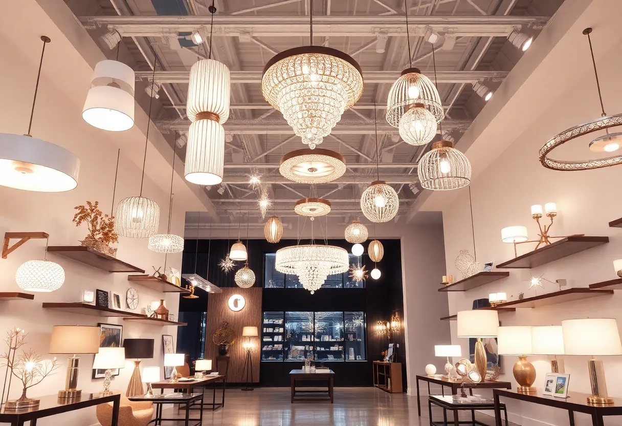 Interior view of the new Visual Comfort & Co. showroom showcasing designer lighting products in San Antonio, Texas.