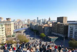 Crowd enjoying warm weather in a city