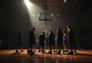 Golden State Warriors team in a huddle on the basketball court