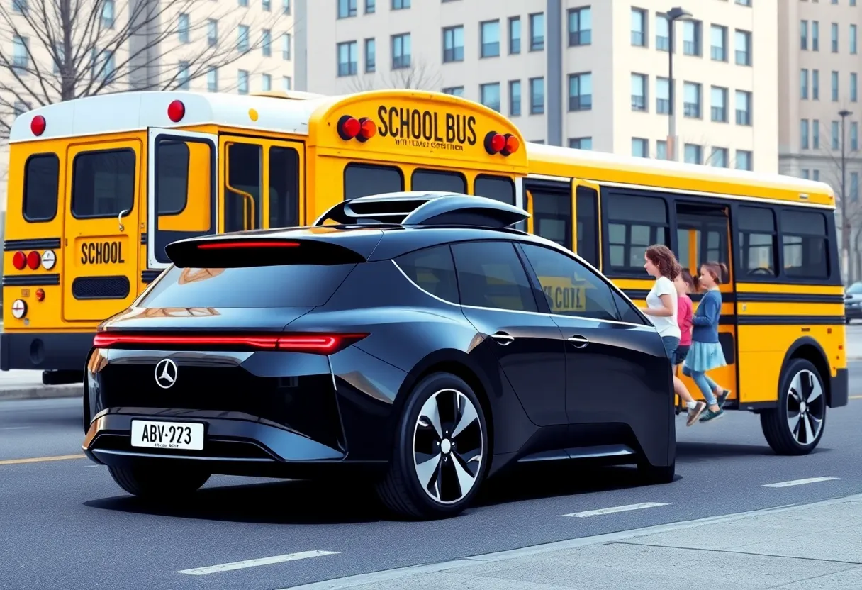 Driverless car stopping for a school bus with children nearby