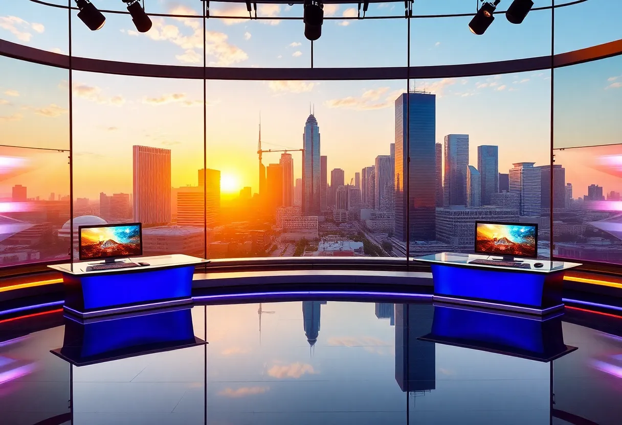 Modern morning news studio with Houston skyline