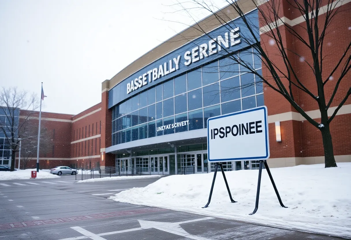 Winter weather outside a university basketball arena