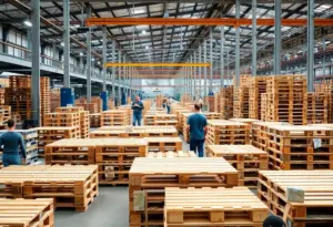 Workers manufacturing wooden pallets in a factory setting