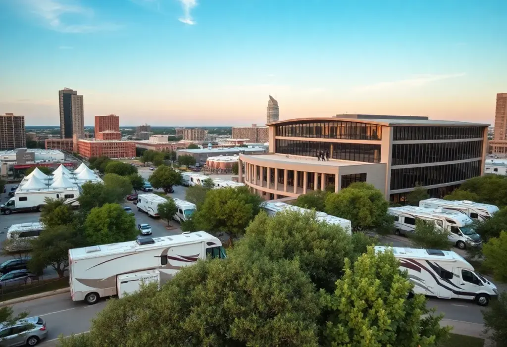 Conference setting in Austin, Texas, with RVs and attendees networking.