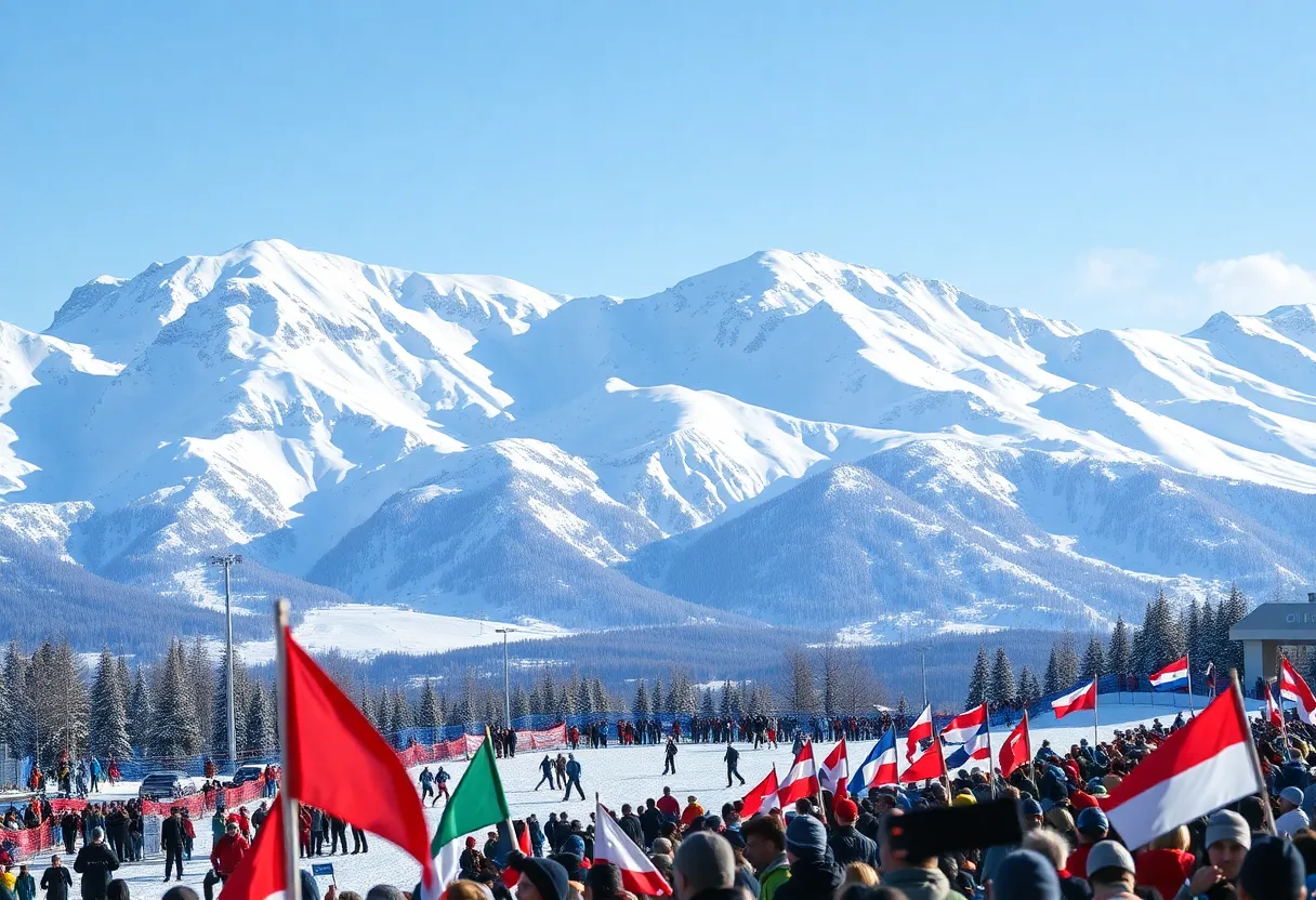 Vibrant scene of the Winter Olympics with skiing athletes and cheering crowds