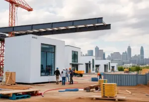 Construction of 3D-printed homes in Austin with printers and workers on site.
