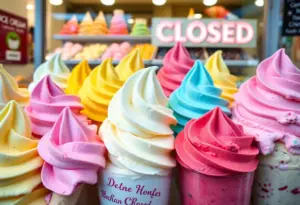 Closed sign in front of Abbott's Frozen Custard shop