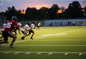 Young athletes practicing football on a college field