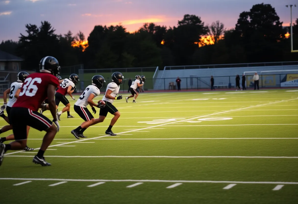 Young athletes practicing football on a college field