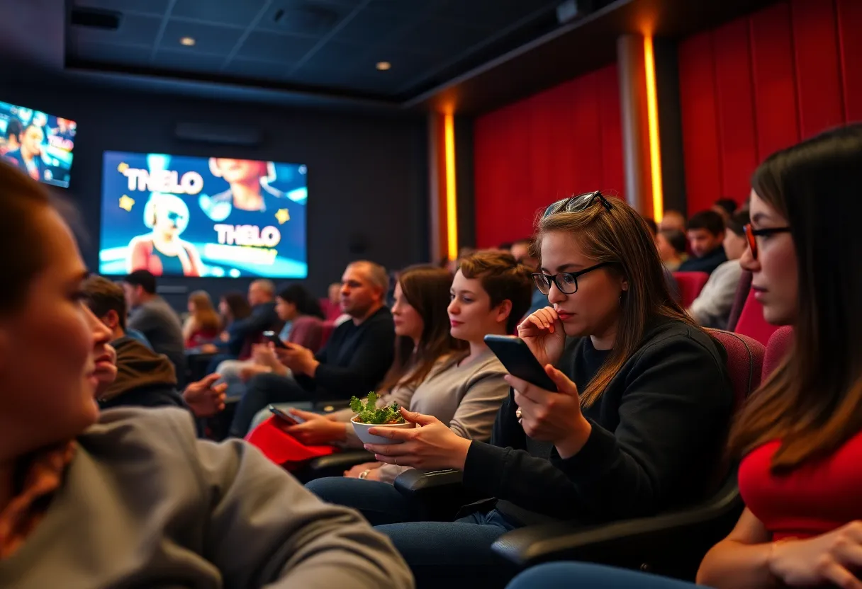 Patrons at Alamo Drafthouse using mobile devices for food ordering.
