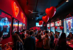 Event decorations and attendees at Alamo Drafthouse during Valentine's Week.