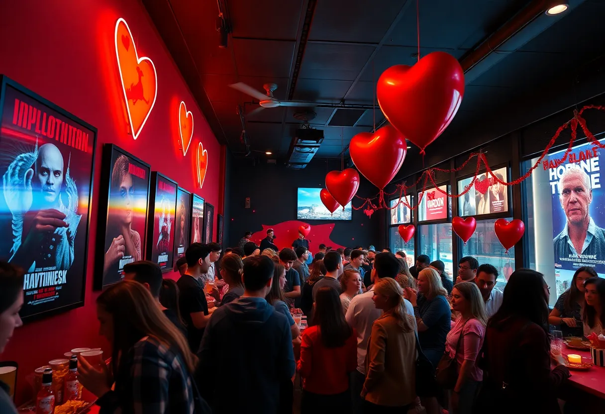 Event decorations and attendees at Alamo Drafthouse during Valentine's Week.