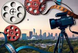 A collage celebrating diverse Texas filmmakers and the Austin Film Society grants.