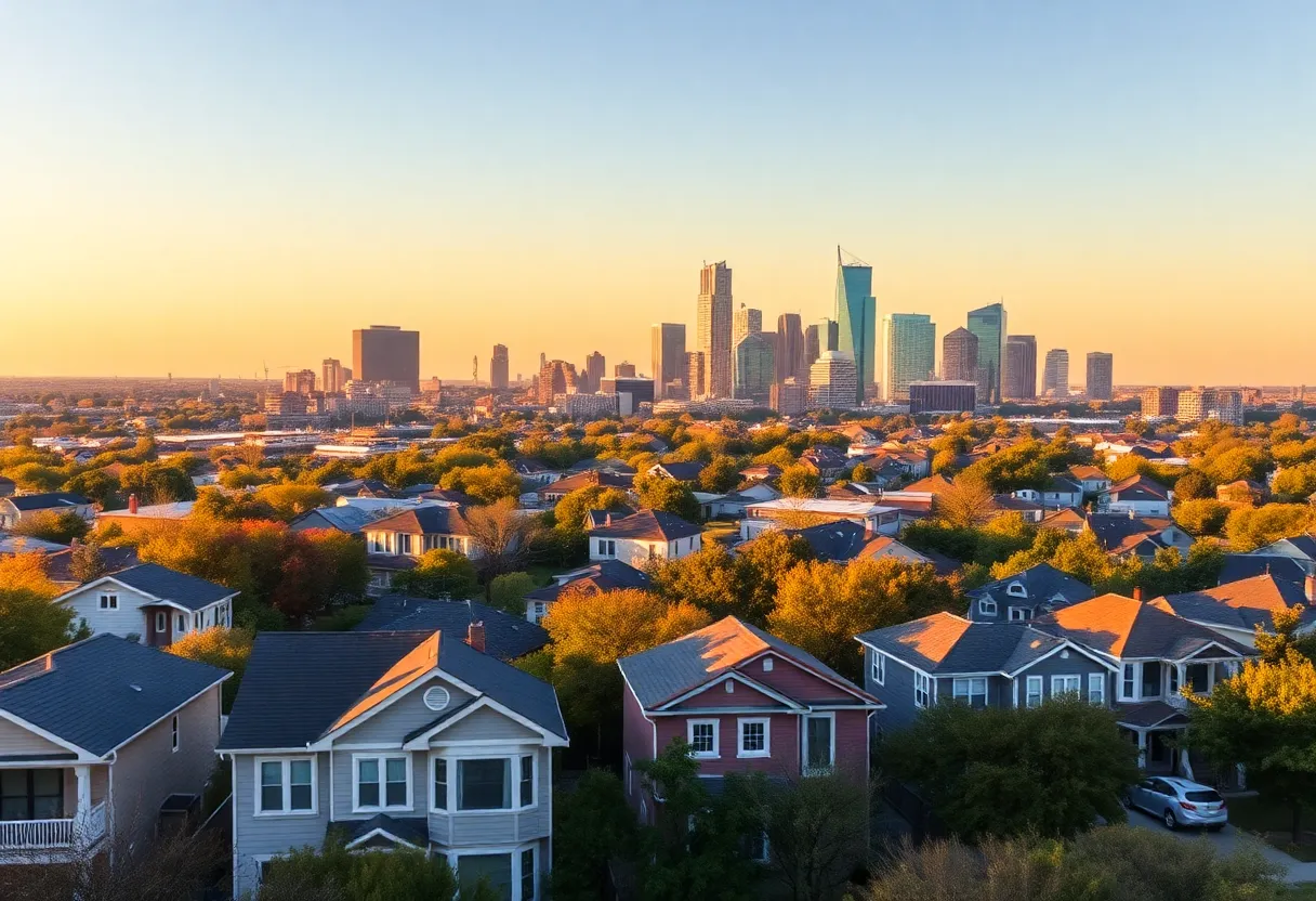 Panoramic view of Austin's skyline and residential homes.
