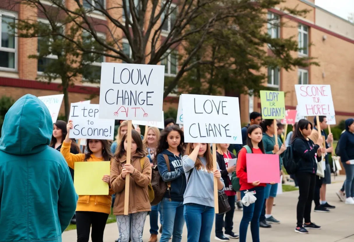 Students peacefully protesting outside a school with signs for their rights.