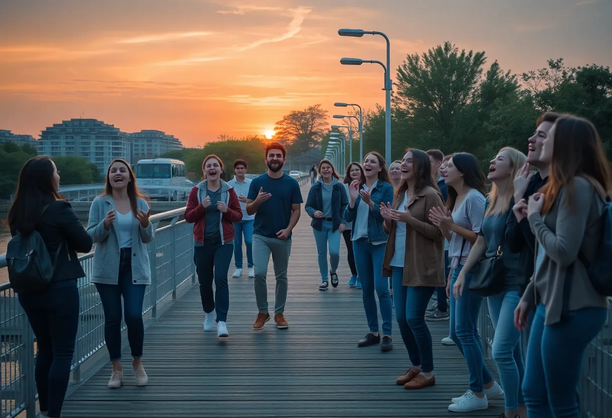 Participants of the Scream Club in Austin engaging in a communal scream at sunset.